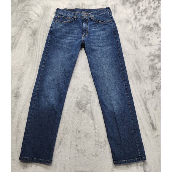 Wrangler Jeans Mens 32X32 Blue Dark Wash Relaxed Fit Straight Leg Stretch Denim - Picture 1 of 12